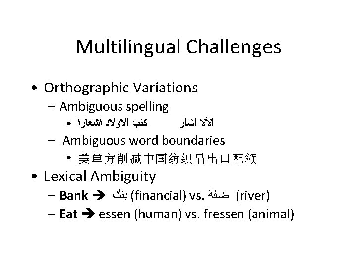 Multilingual Challenges • Orthographic Variations – Ambiguous spelling • ﻛﺘﺐ ﺍﻻﻭﻻﺩ ﺍﺷﻌﺎﺭﺍ ﺍﻷﻻ ﺍﺷﺍﺭ