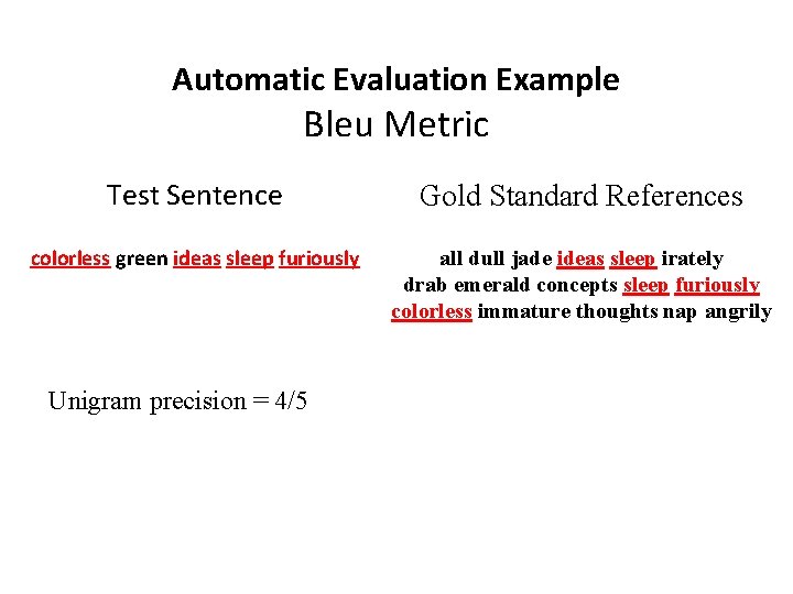 Automatic Evaluation Example Bleu Metric Test Sentence Gold Standard References colorless green ideas sleep