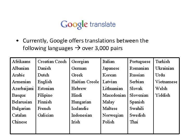  • Currently, Google offers translations between the following languages over 3, 000 pairs