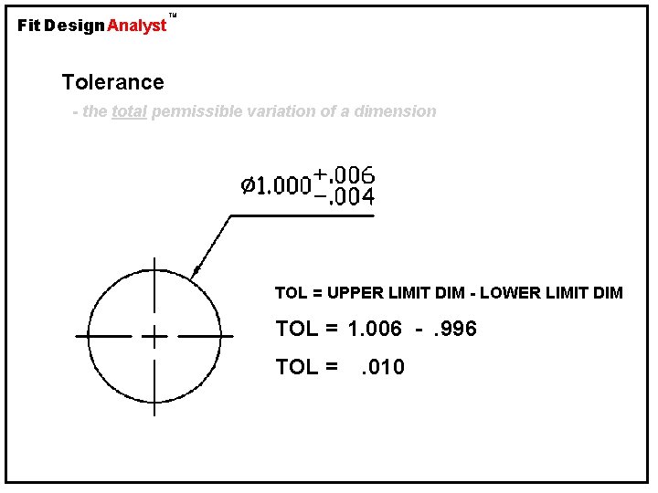 Fit Design Analyst TM Tolerance - the total permissible variation of a dimension TOL