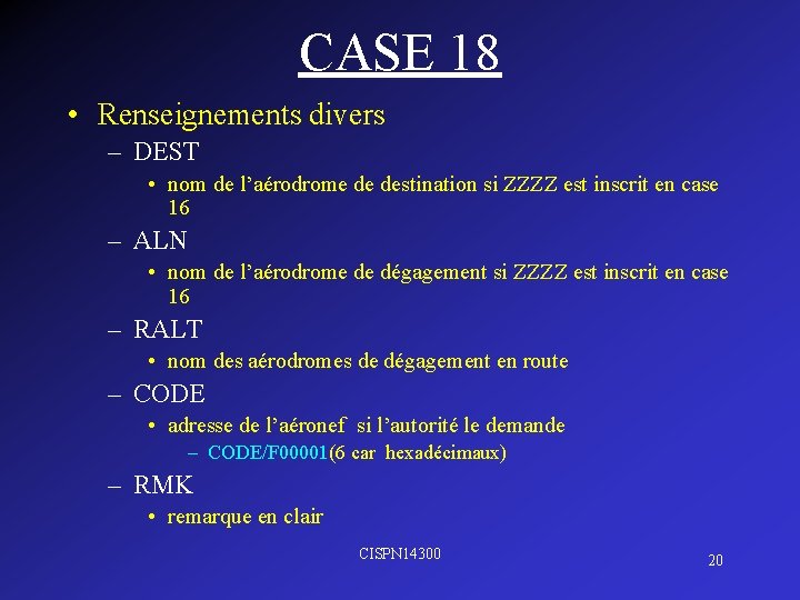 CASE 18 • Renseignements divers – DEST • nom de l’aérodrome de destination si