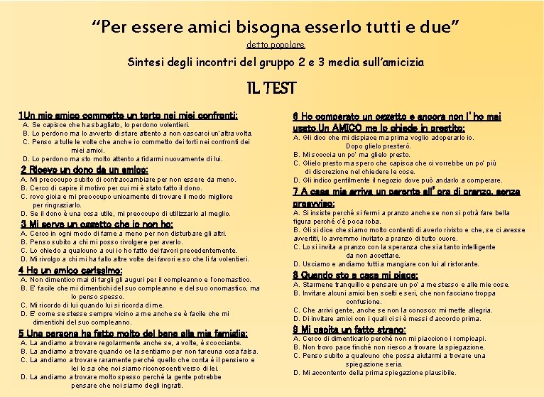 “Per essere amici bisogna esserlo tutti e due” detto popolare Sintesi degli incontri del