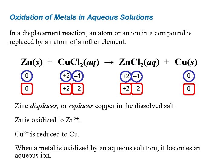 Oxidation of Metals in Aqueous Solutions In a displacement reaction, an atom or an