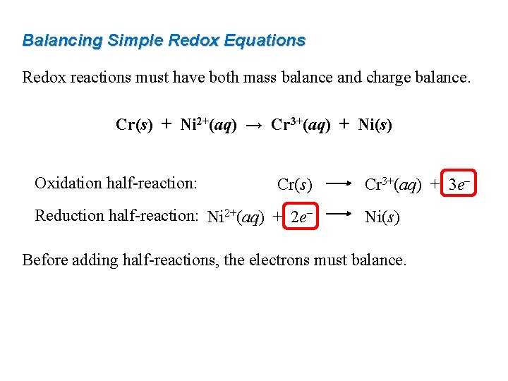 Balancing Simple Redox Equations Redox reactions must have both mass balance and charge balance.