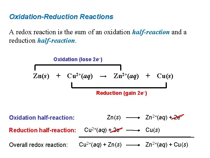 Oxidation-Reduction Reactions A redox reaction is the sum of an oxidation half-reaction and a