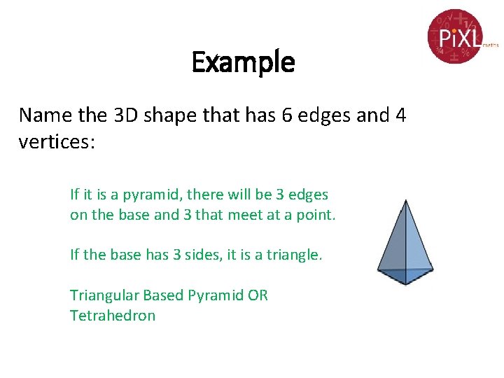 Example Name the 3 D shape that has 6 edges and 4 vertices: If