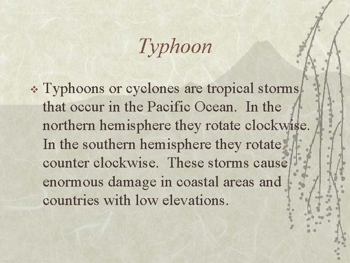 Typhoon v Typhoons or cyclones are tropical storms that occur in the Pacific Ocean.