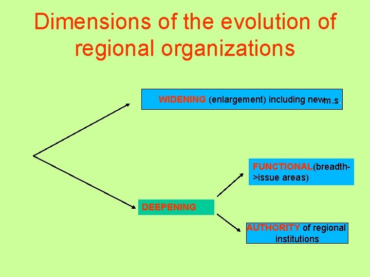 Dimensions of the evolution of regional organizations WIDENING (enlargement) including newm. s. FUNCTIONAL(breadth>issue areas)