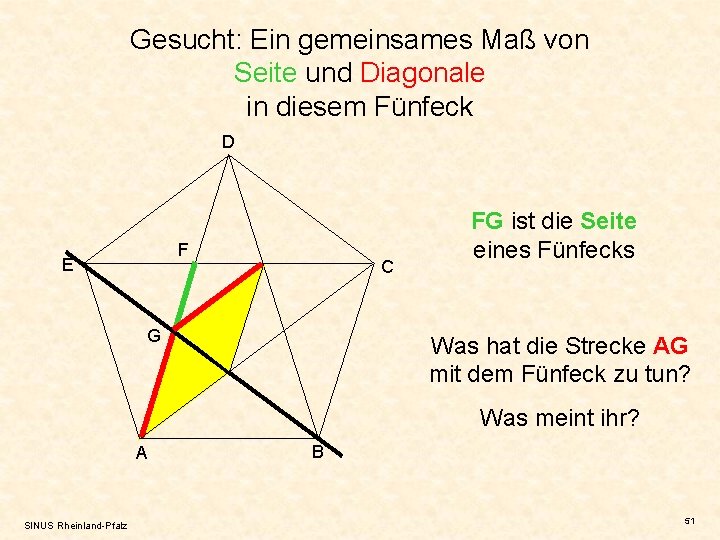 Gesucht: Ein gemeinsames Maß von Seite und Diagonale in diesem Fünfeck D F E