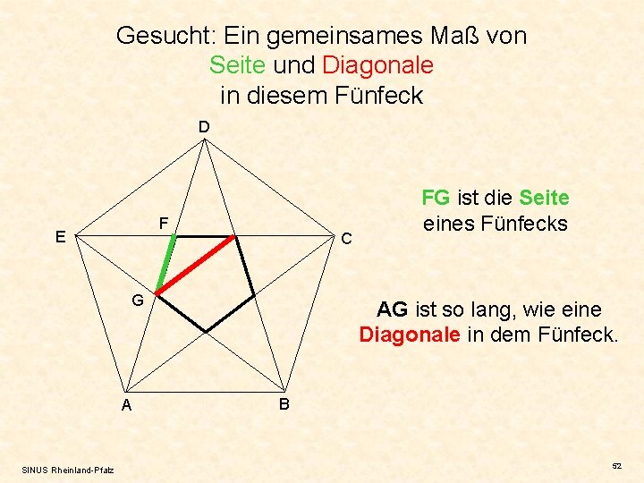 Gesucht: Ein gemeinsames Maß von Seite und Diagonale in diesem Fünfeck D F E