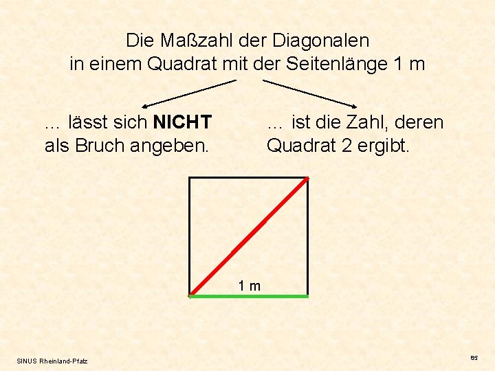 Die Maßzahl der Diagonalen in einem Quadrat mit der Seitenlänge 1 m … lässt