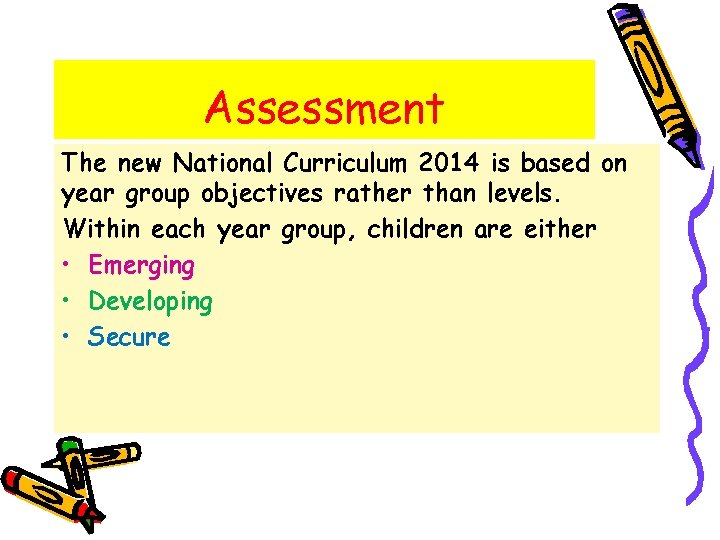 Assessment The new National Curriculum 2014 is based on year group objectives rather than