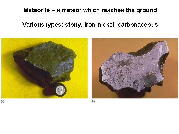 Meteorite – a meteor which reaches the ground Various types: stony, iron-nickel, carbonaceous 