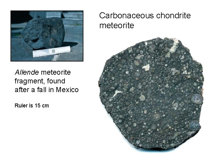 Carbonaceous chondrite meteorite Allende meteorite fragment, found after a fall in Mexico Ruler is