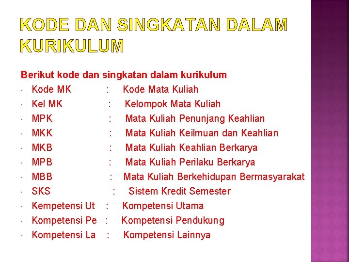 KODE DAN SINGKATAN DALAM KURIKULUM Berikut kode dan singkatan dalam kurikulum Kode MK : KODE DAN SINGKATAN DALAM KURIKULUM Berikut kode dan singkatan dalam kurikulum Kode MK :