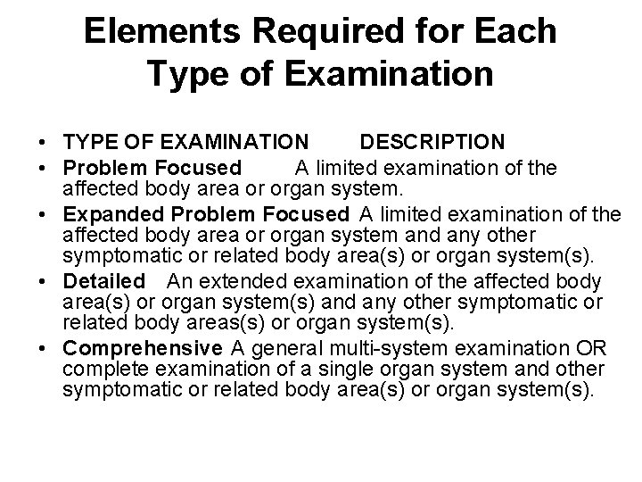 Elements Required for Each Type of Examination • TYPE OF EXAMINATION DESCRIPTION • Problem Elements Required for Each Type of Examination • TYPE OF EXAMINATION DESCRIPTION • Problem