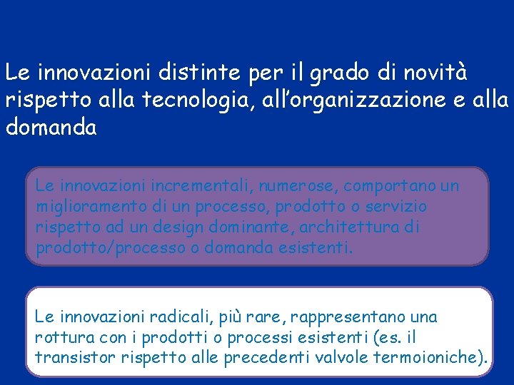 Le innovazioni distinte per il grado di novità rispetto alla tecnologia, all’organizzazione e alla