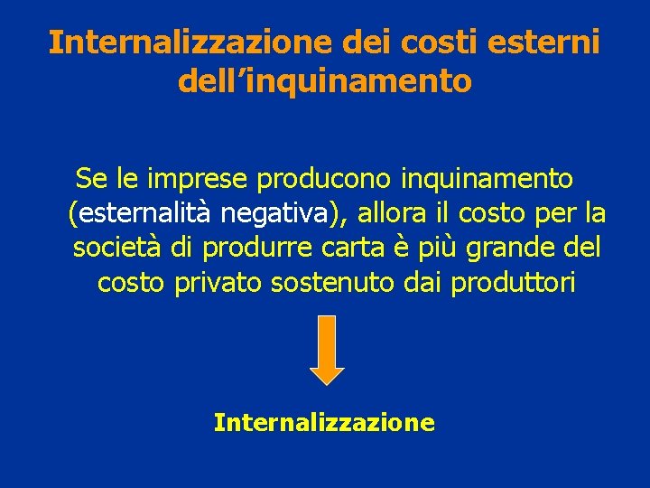 Internalizzazione dei costi esterni dell’inquinamento Se le imprese producono inquinamento (esternalità negativa), allora il