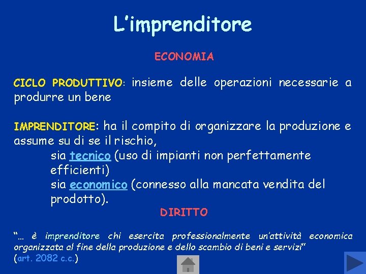 L’imprenditore ECONOMIA CICLO PRODUTTIVO: produrre un bene insieme delle operazioni necessarie a IMPRENDITORE: ha