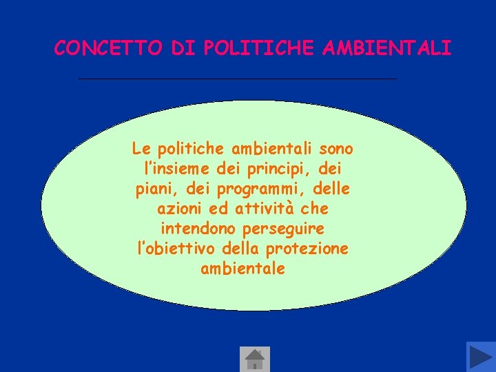 CONCETTO DI POLITICHE AMBIENTALI Le politiche ambientali sono l’insieme dei principi, dei piani, dei