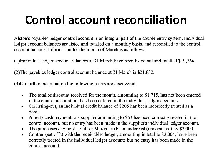 Control account reconciliation 