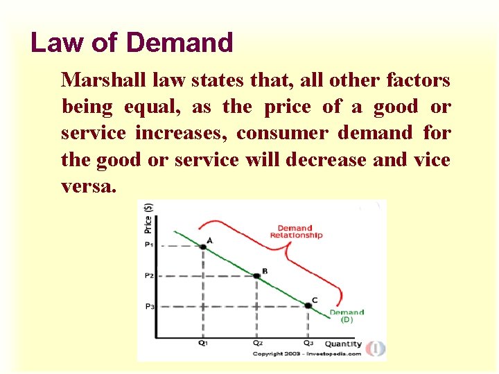 Law of Demand Marshall law states that, all other factors being equal, as the