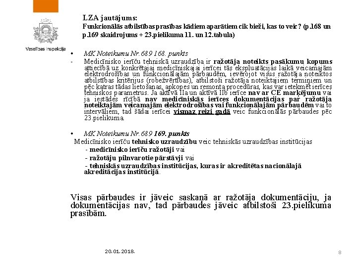 LZA jautājums: Funkcionālās atbilstības prasības kādiem aparātiem cik bieži, kas to veic? (p. 168