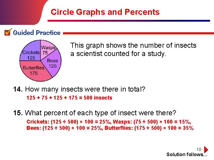 Circle Graphs and Percents Guided Practice This graph shows the number of insects a