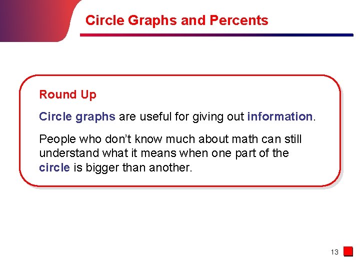 Circle Graphs and Percents Round Up Circle graphs are useful for giving out information.