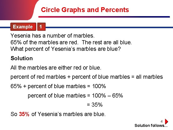 Circle Graphs and Percents Example 1 Yesenia has a number of marbles. 65% of