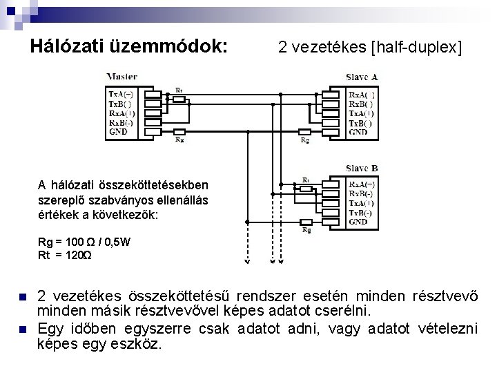 Hálózati üzemmódok: 2 vezetékes [half-duplex] A hálózati összeköttetésekben szereplő szabványos ellenállás értékek a következők: