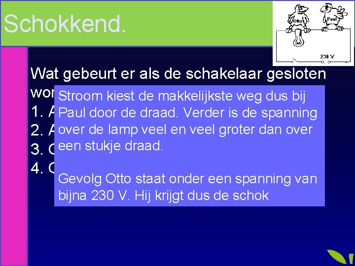 Schokkend. Wat gebeurt er als de schakelaar gesloten wordt? Stroom kiest de makkelijkste weg