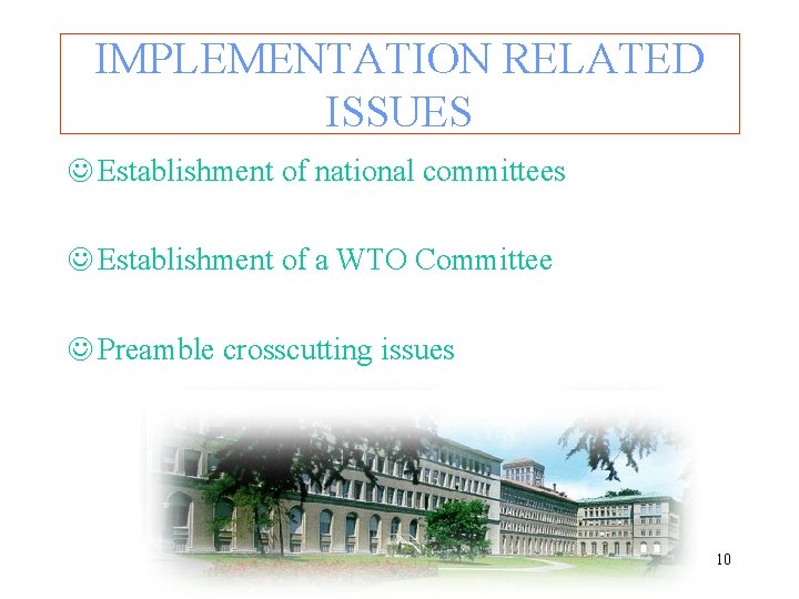 IMPLEMENTATION RELATED ISSUES J Establishment of national committees J Establishment of a WTO Committee