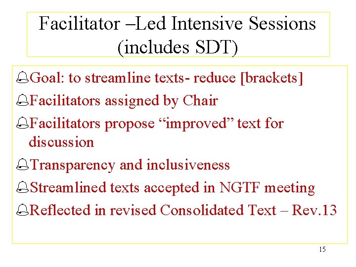 Facilitator –Led Intensive Sessions (includes SDT) %Goal: to streamline texts- reduce [brackets] %Facilitators assigned