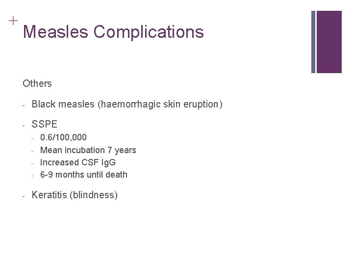 + Measles Complications Others - Black measles (haemorrhagic skin eruption) - SSPE - - + Measles Complications Others - Black measles (haemorrhagic skin eruption) - SSPE - -