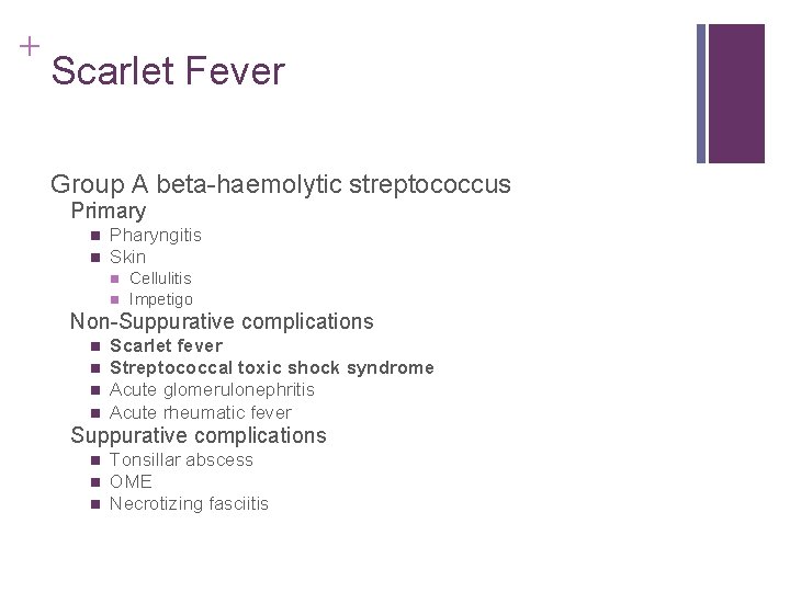 + Scarlet Fever Group A beta-haemolytic streptococcus Primary n n Pharyngitis Skin n n + Scarlet Fever Group A beta-haemolytic streptococcus Primary n n Pharyngitis Skin n n