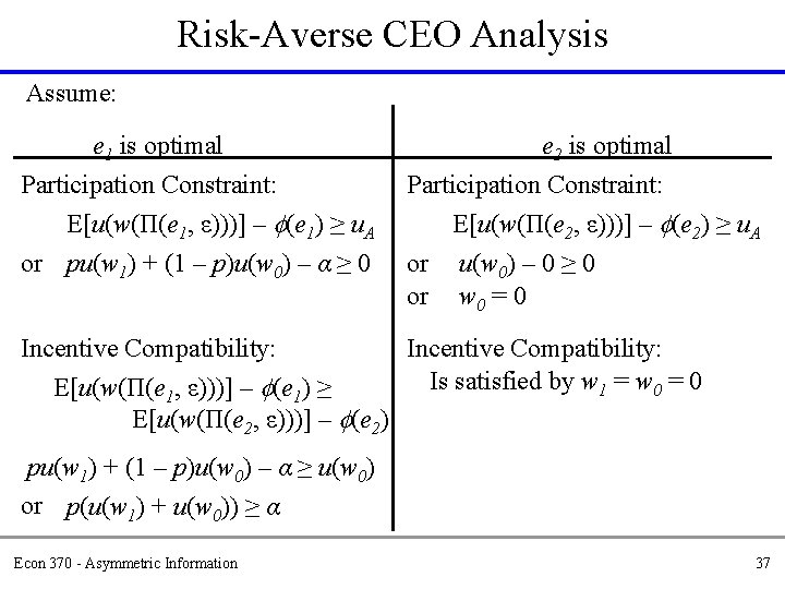 Risk-Averse CEO Analysis Assume: e 1 is optimal e 2 is optimal Participation Constraint: