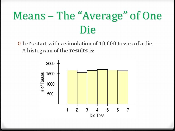 Means – The “Average” of One Die 0 Let’s start with a simulation of