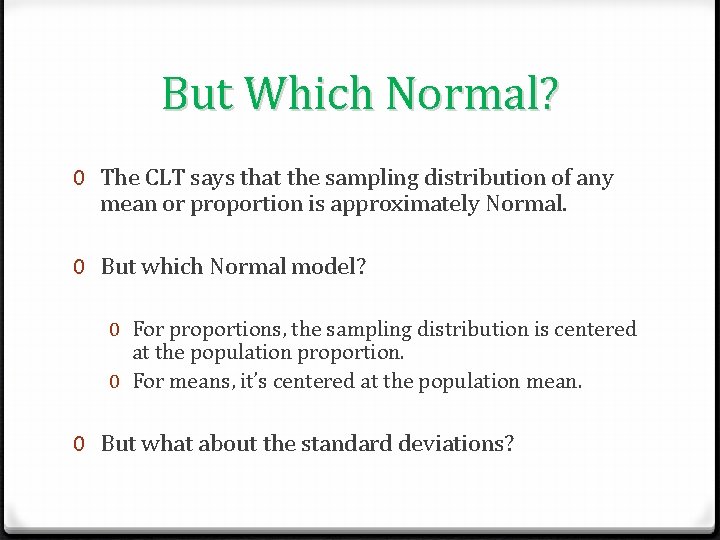 But Which Normal? 0 The CLT says that the sampling distribution of any mean