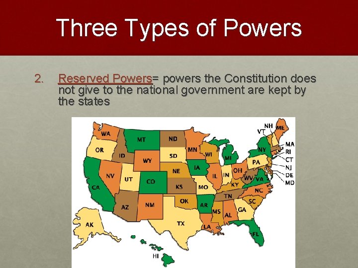 Three Types of Powers 2. Reserved Powers= powers the Constitution does not give to
