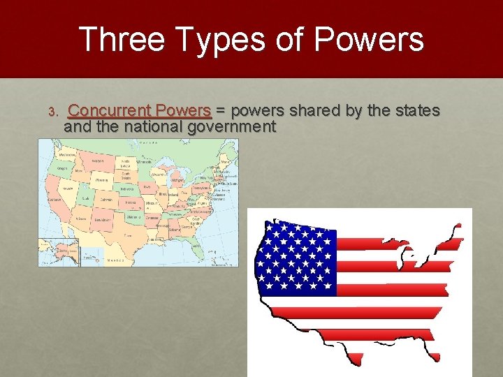 Three Types of Powers 3. Concurrent Powers = powers shared by the states and