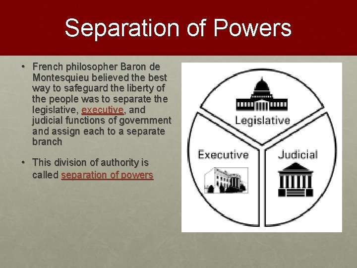 Separation of Powers • French philosopher Baron de Montesquieu believed the best way to
