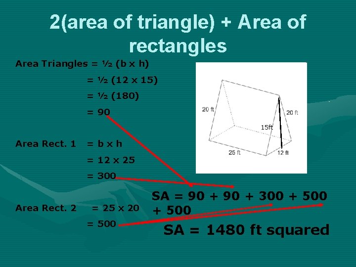 2(area of triangle) + Area of rectangles Area Triangles = ½ (b x h) 2(area of triangle) + Area of rectangles Area Triangles = ½ (b x h)