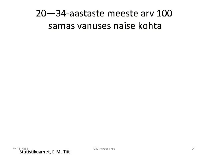 20— 34 -aastaste meeste arv 100 samas vanuses naise kohta 29. 03. 2014 Statistikaamet,