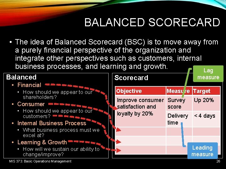 BALANCED SCORECARD • The idea of Balanced Scorecard (BSC) is to move away from