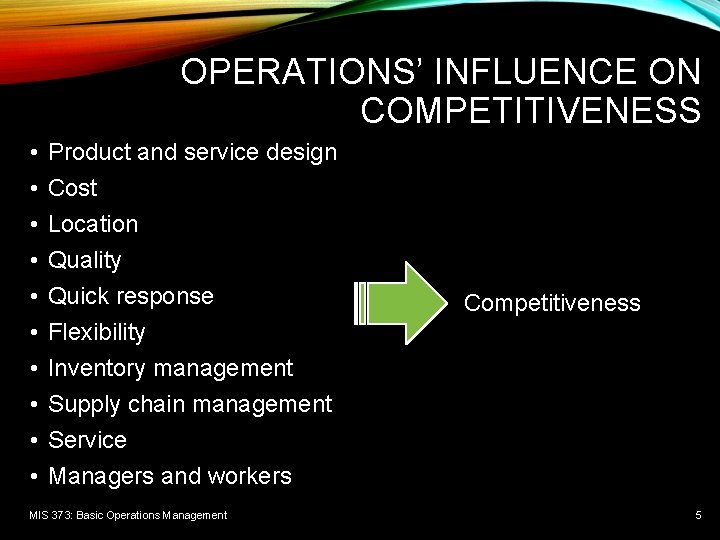 OPERATIONS’ INFLUENCE ON COMPETITIVENESS • • • Product and service design Cost Location Quality