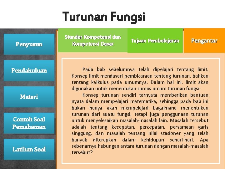 Turunan Fungsi Penyusun Pendahuluan Materi Contoh Soal Pemahaman Latihan Soal Standar Kompetensi dan Kompetensi Turunan Fungsi Penyusun Pendahuluan Materi Contoh Soal Pemahaman Latihan Soal Standar Kompetensi dan Kompetensi