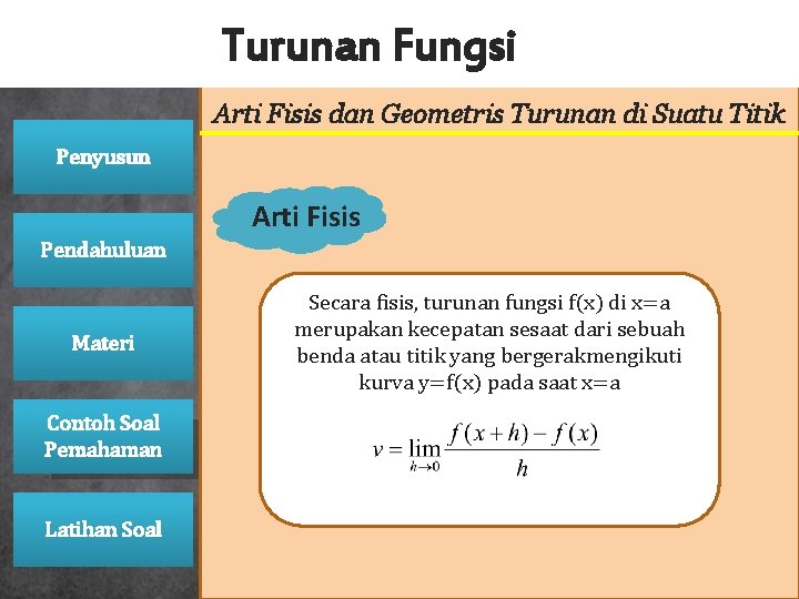 Turunan Fungsi Arti Fisis dan Geometris Turunan di Suatu Titik Penyusun Arti Fisis Pendahuluan Turunan Fungsi Arti Fisis dan Geometris Turunan di Suatu Titik Penyusun Arti Fisis Pendahuluan