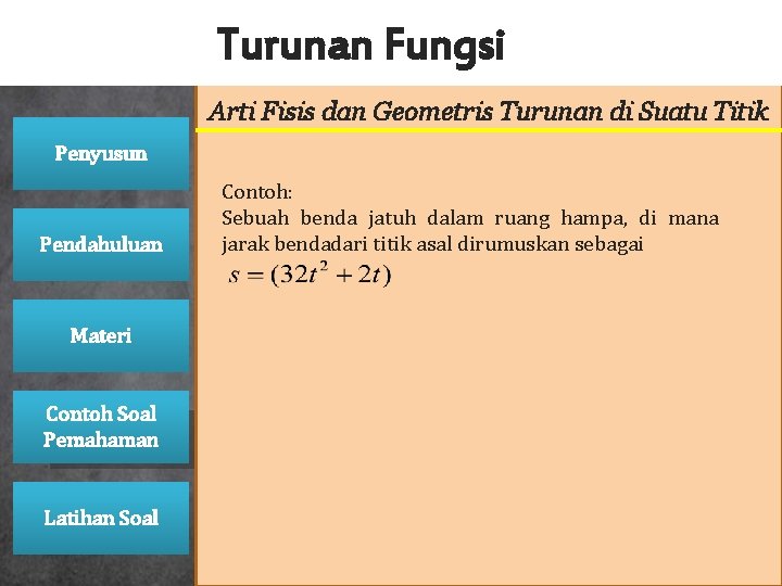 Turunan Fungsi Arti Fisis dan Geometris Turunan di Suatu Titik Penyusun Pendahuluan Materi Contoh Turunan Fungsi Arti Fisis dan Geometris Turunan di Suatu Titik Penyusun Pendahuluan Materi Contoh