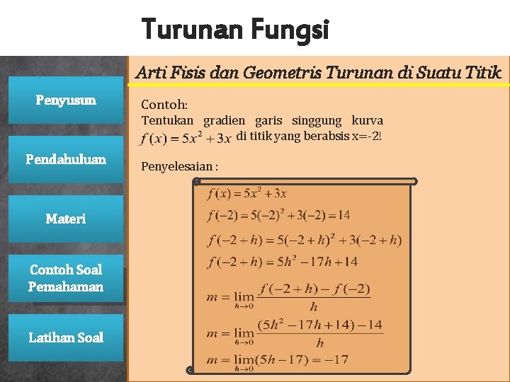 Turunan Fungsi Arti Fisis dan Geometris Turunan di Suatu Titik Penyusun Contoh: Tentukan gradien Turunan Fungsi Arti Fisis dan Geometris Turunan di Suatu Titik Penyusun Contoh: Tentukan gradien